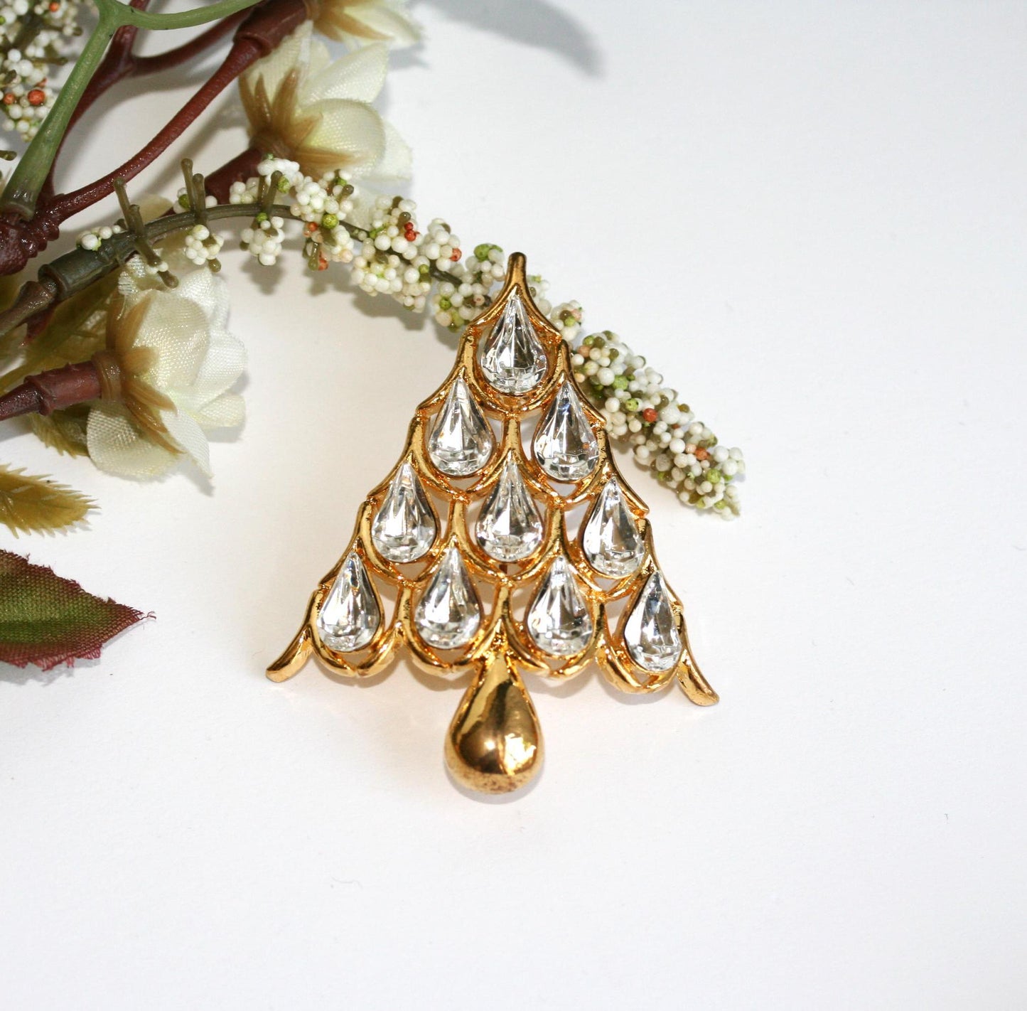Napier Teardrop Shape Clear Rhinestone Shiny Gold Plated Christmas Tree Brooch Christmas Tree Pin