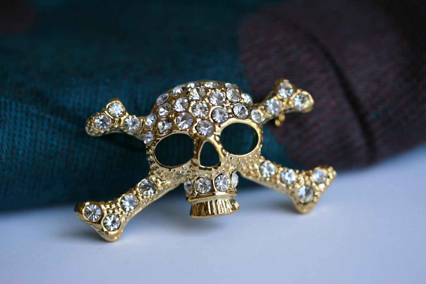 Skull Crossbones Gold Metal Blinged Rhinestones Brooch Crystal Skull Pin