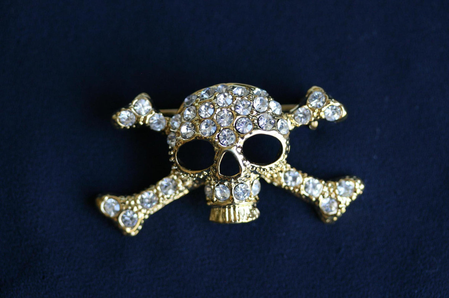 Skull Crossbones Gold Metal Blinged Rhinestones Brooch Crystal Skull Pin