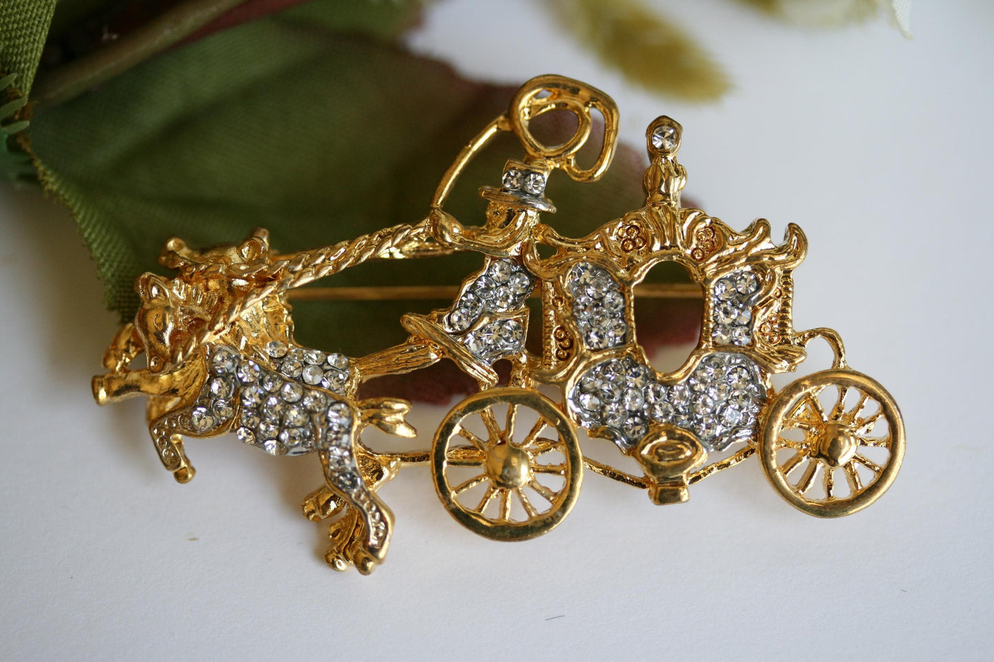 Stunning Vintage Rhinestone Stage Coach Brooch Horse Coach Pin Rhinestone Crystal Carriage Stagecoach Ball