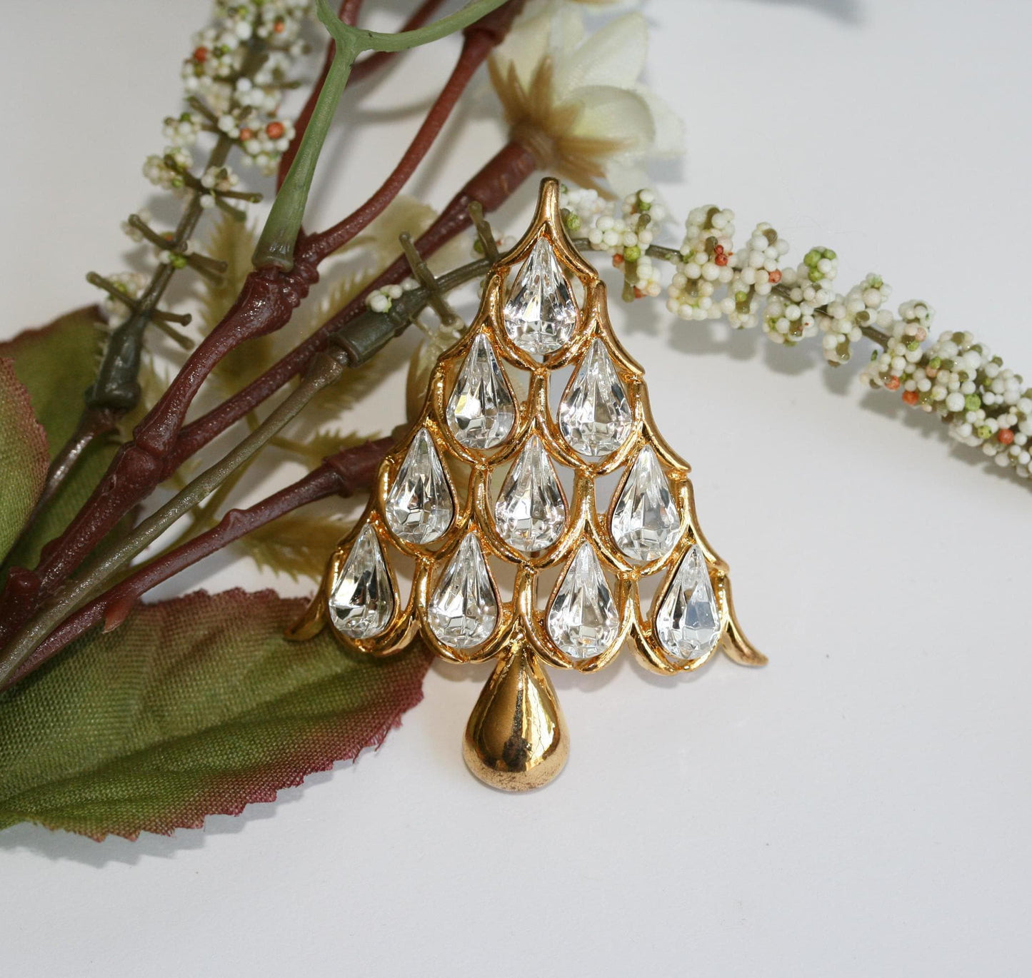 Napier Teardrop Shape Clear Rhinestone Shiny Gold Plated Christmas Tree Brooch Christmas Tree Pin