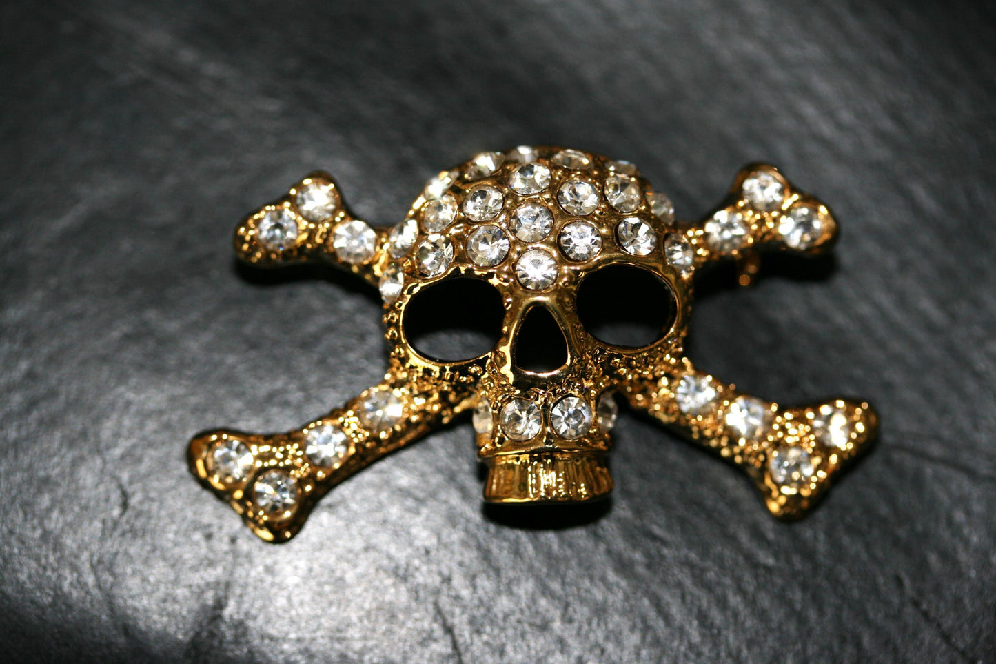 Skull Crossbones Gold Metal Blinged Rhinestones Brooch Crystal Skull Pin