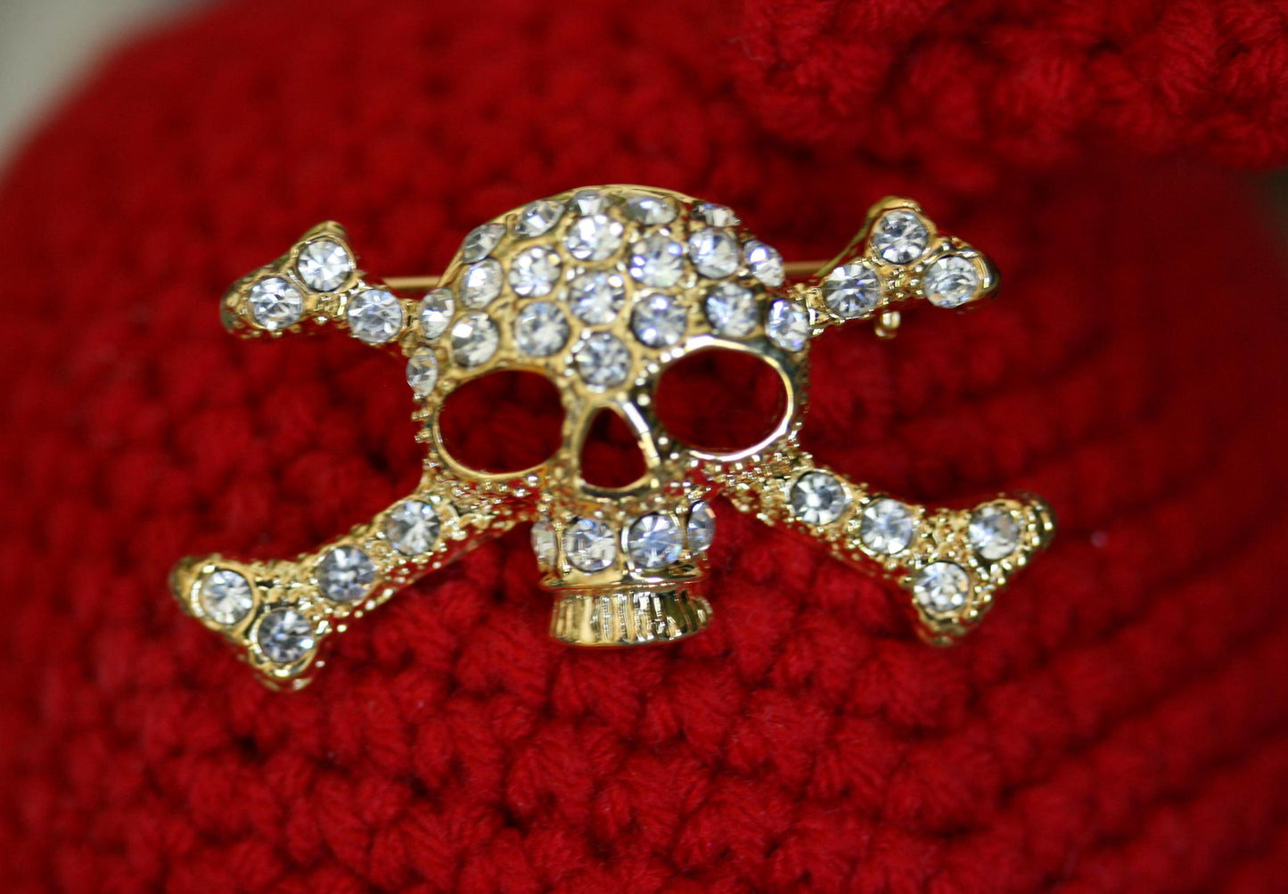 Skull Crossbones Gold Metal Blinged Rhinestones Brooch Crystal Skull Pin