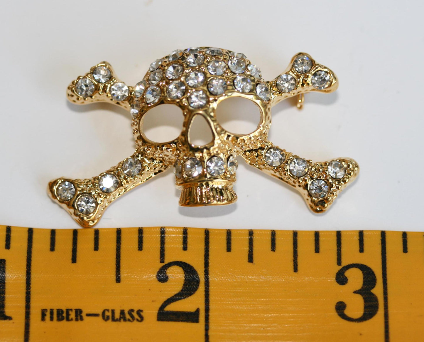 Skull Crossbones Gold Metal Blinged Rhinestones Brooch Crystal Skull Pin