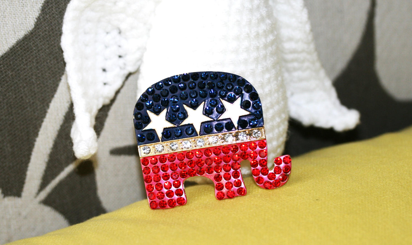 Red White Blue Republican GOP Elephant Sparkling Rhinestone Brooch Pin + Pendant, 4th July Patriotic Fashion Jewelry