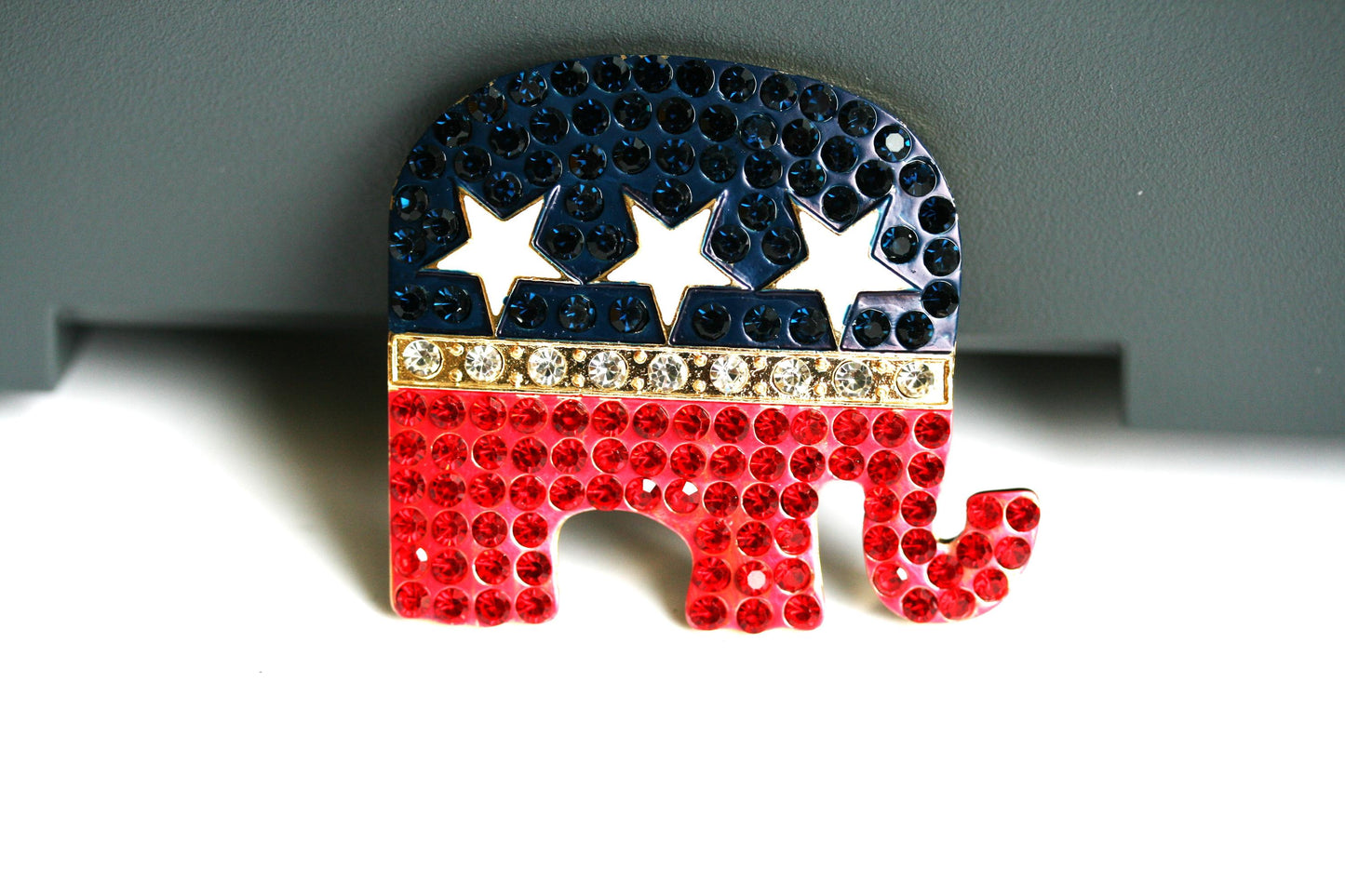 Red White Blue Republican GOP Elephant Sparkling Rhinestone Brooch Pin + Pendant, 4th July Patriotic Fashion Jewelry