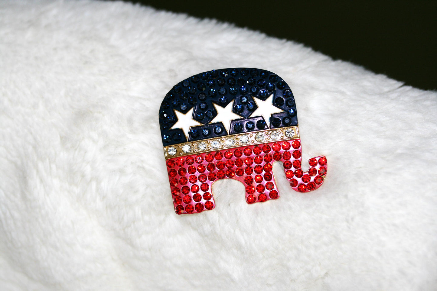 Red White Blue Republican GOP Elephant Sparkling Rhinestone Brooch Pin + Pendant, 4th July Patriotic Fashion Jewelry