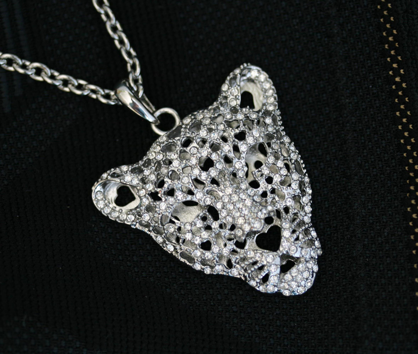 Vintage Silver-plated Leopard Tiger Head Crystal Pendant Chain Necklace
