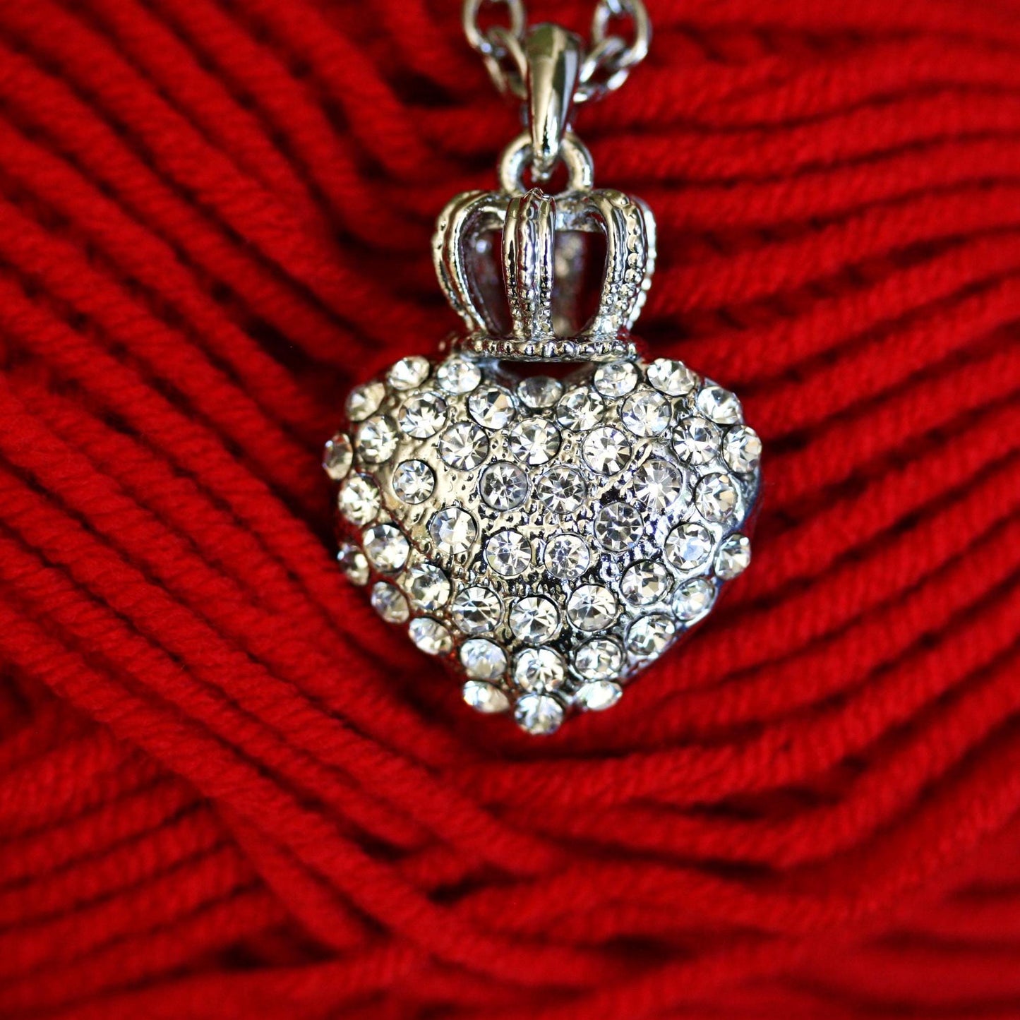 Puffy Heart and Crown Pendant Necklace Queen of Hearts Rhinestone Necklace Pendants