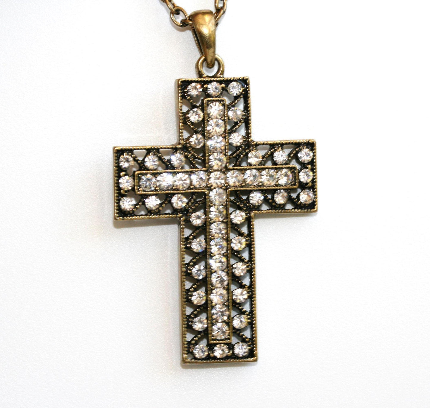 Vintage Men's Stainless Steel Cross Necklace Pendant with CZ Stones