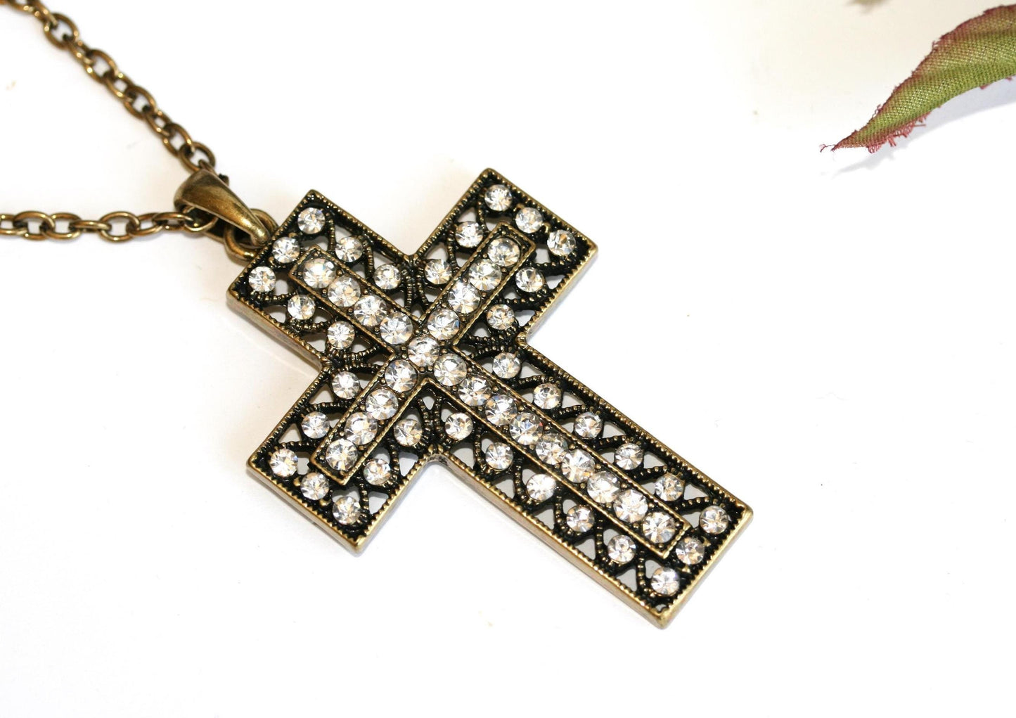Vintage Men's Stainless Steel Cross Necklace Pendant with CZ Stones