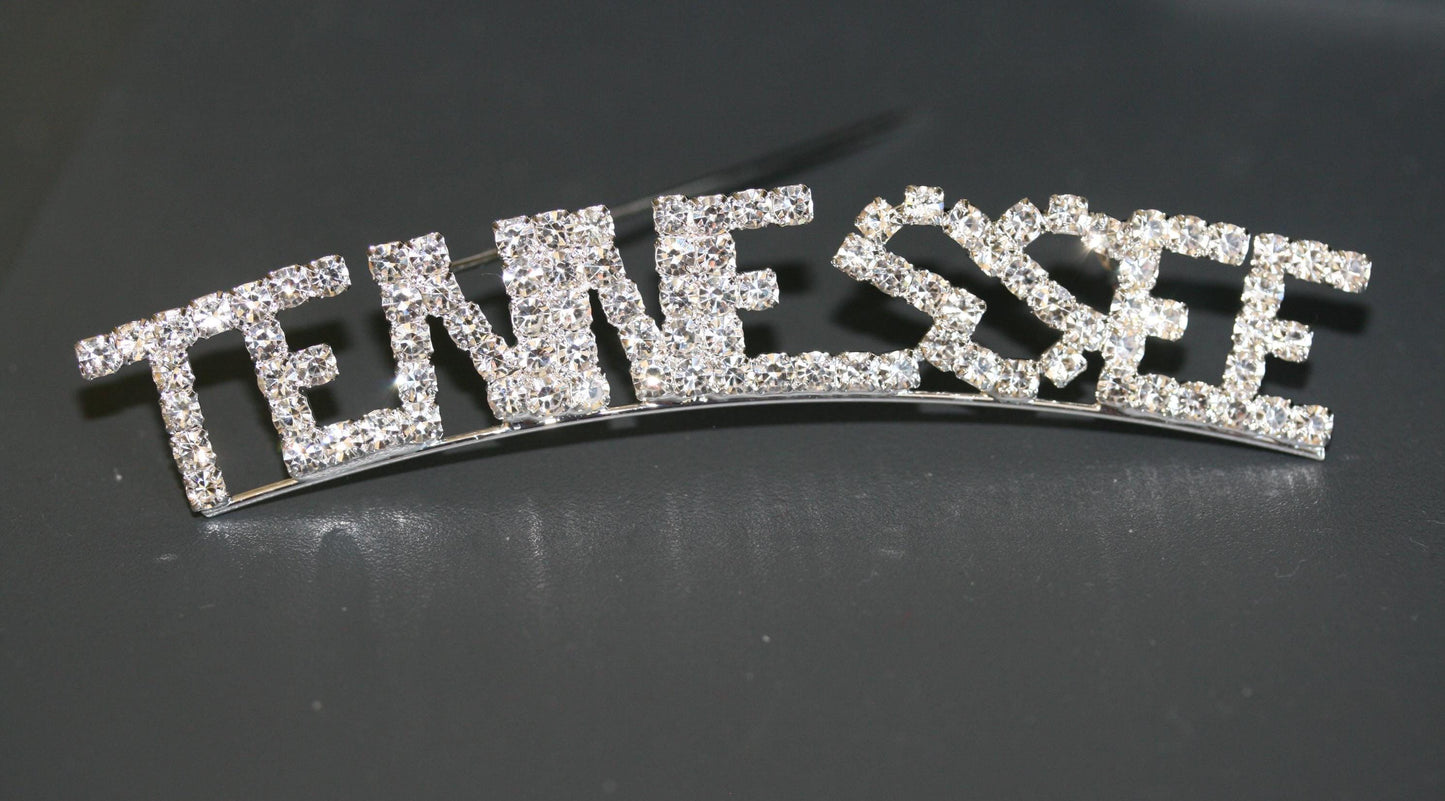 Word TENNESSEE Letter Pin Rhinestone Silver Plated State of TENNESSEE Brooch