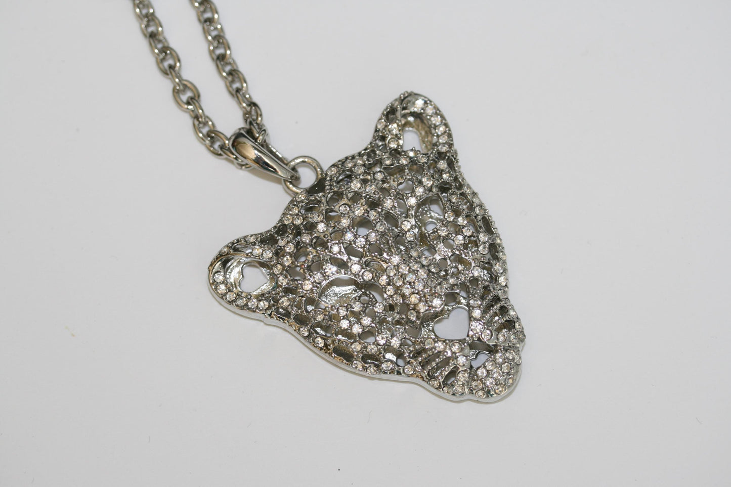 Vintage Silver-plated Leopard Tiger Head Crystal Pendant Chain Necklace