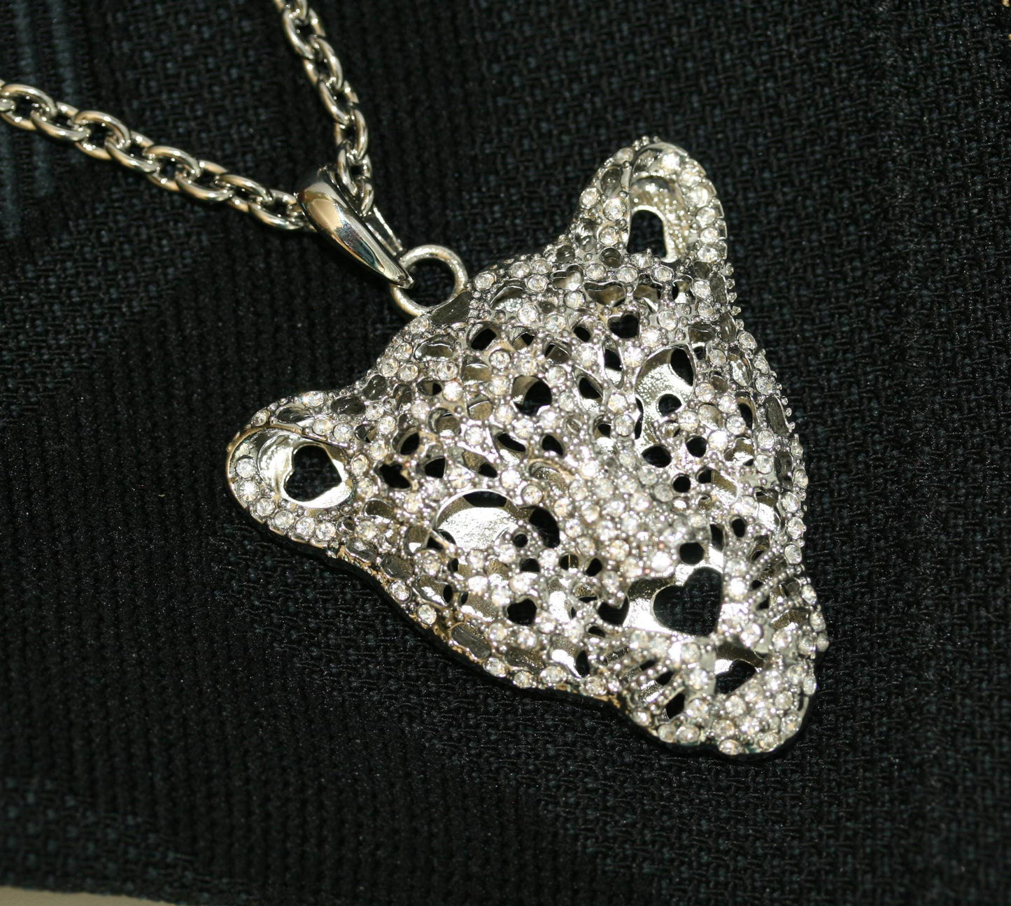 Vintage Silver-plated Leopard Tiger Head Crystal Pendant Chain Necklace