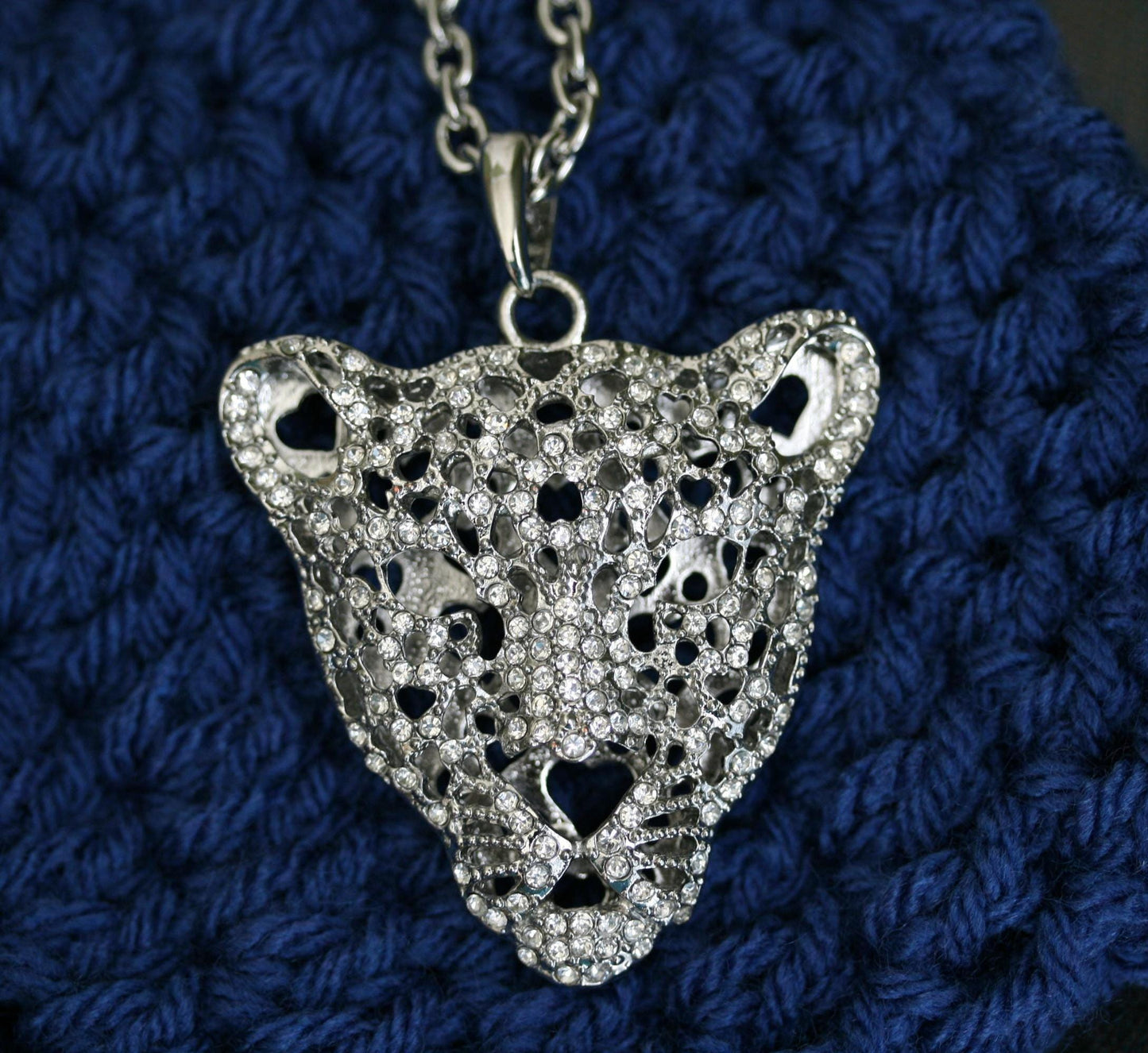 Vintage Silver-plated Leopard Tiger Head Crystal Pendant Chain Necklace