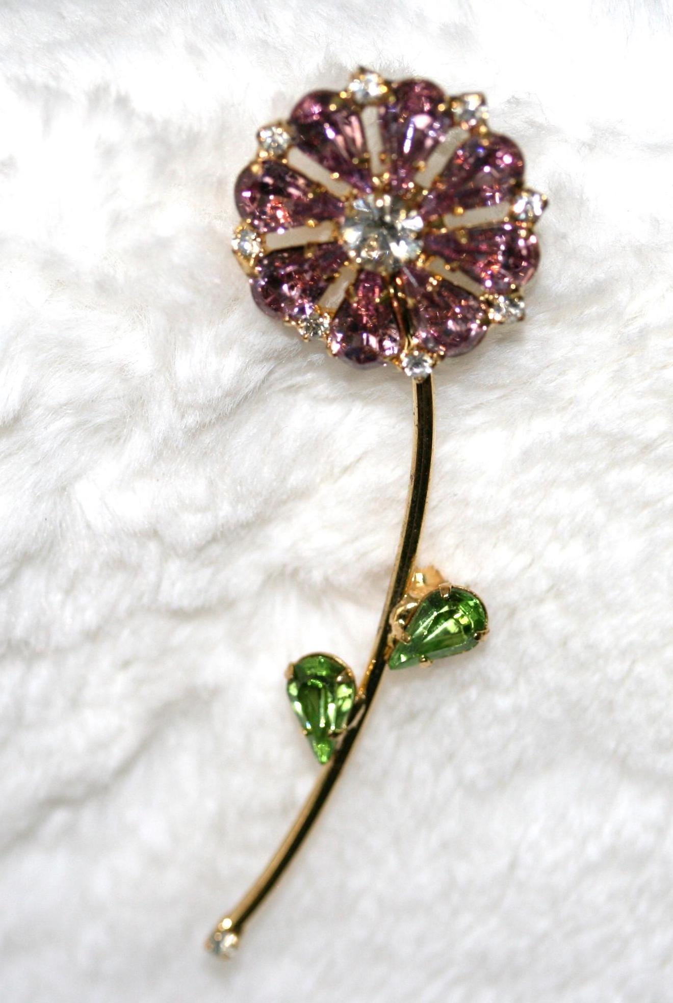 Vintage Estate Flower Brooch Pink Rhinestones Figural Pin Floral Flower Daisy Brooch