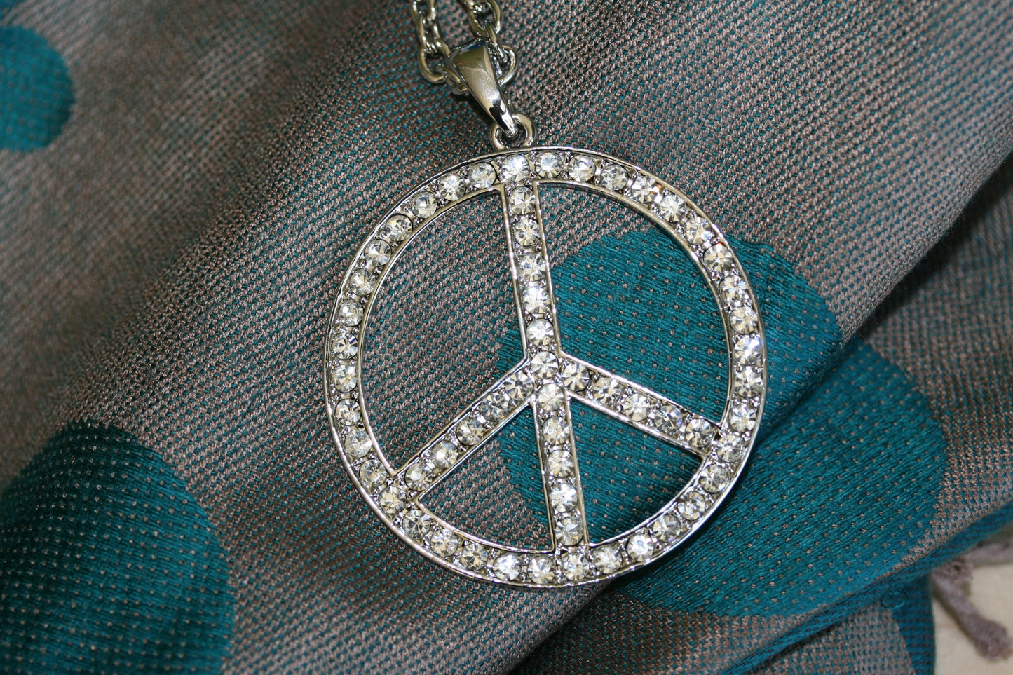Silver and Pave Diamond Peace Sign Pendant Necklace for Women