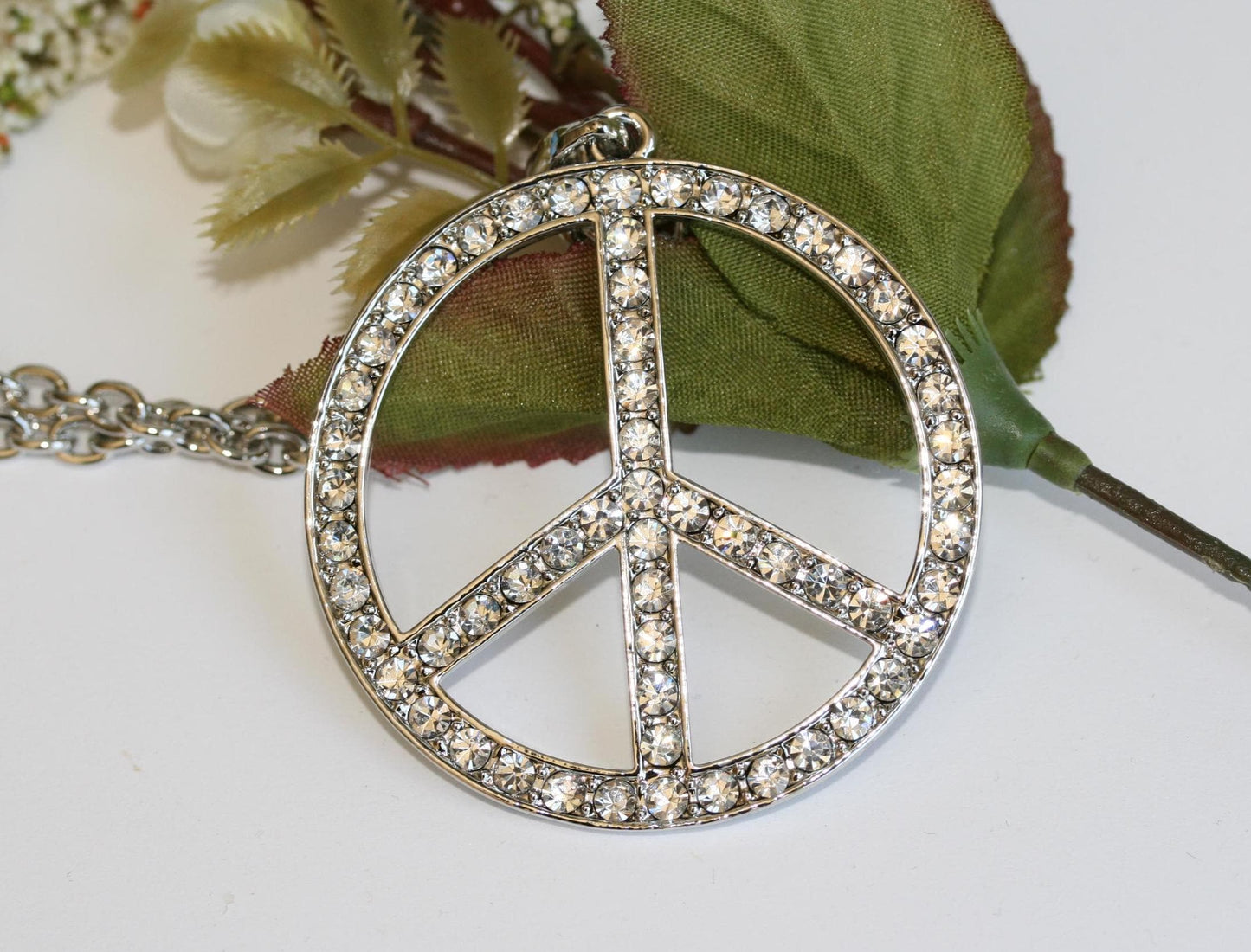 Silver and Pave Diamond Peace Sign Pendant Necklace for Women