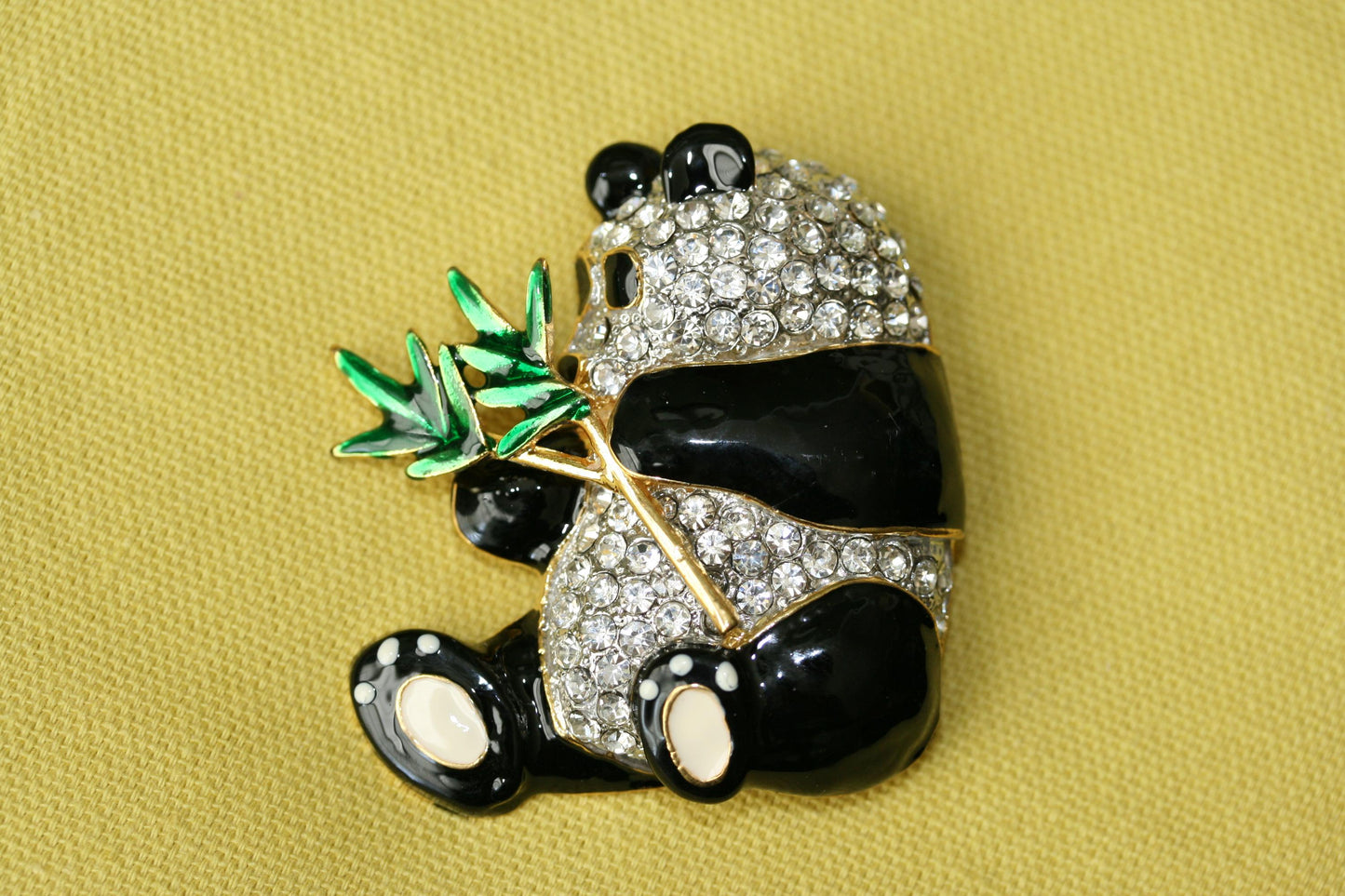 Vintage Panda Bear brooch with Clear crystals Rhinestone and black enamel. Panda Bear Pin