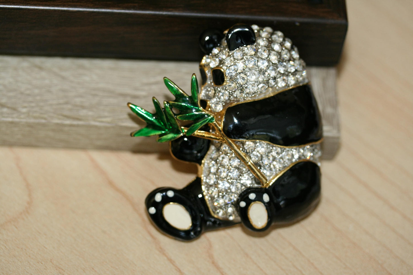 Vintage Panda Bear brooch with Clear crystals Rhinestone and black enamel. Panda Bear Pin