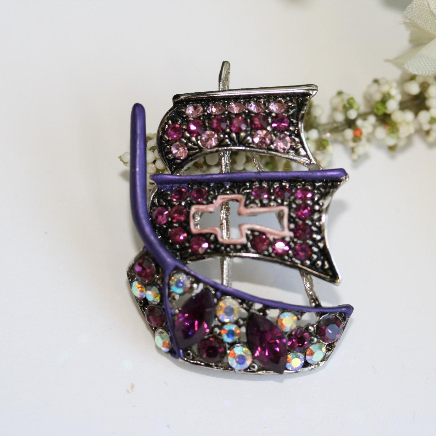 Vintage DAMASCENE Sailboats Pin Brooch