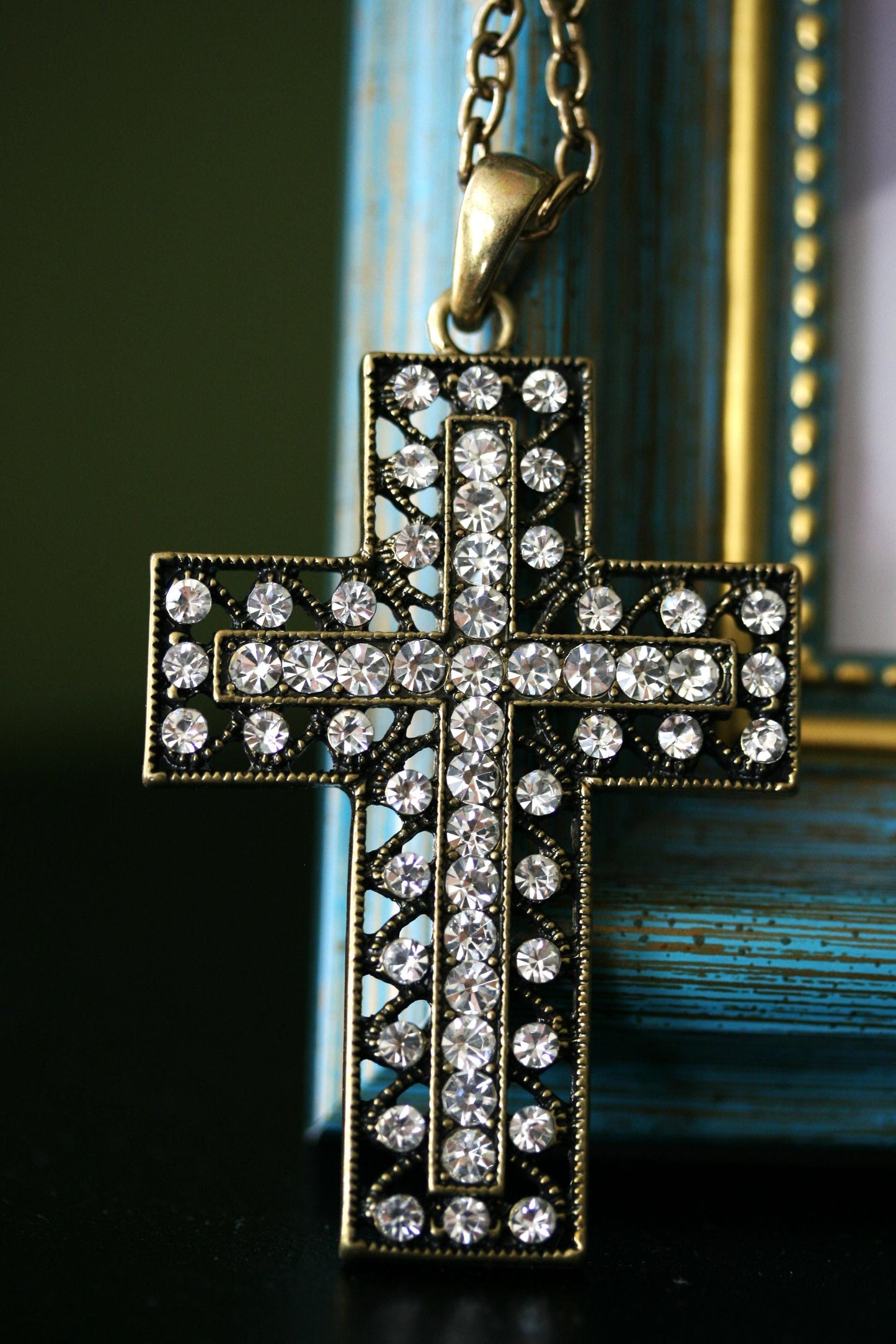 Vintage Men's Stainless Steel Cross Necklace Pendant with CZ Stones