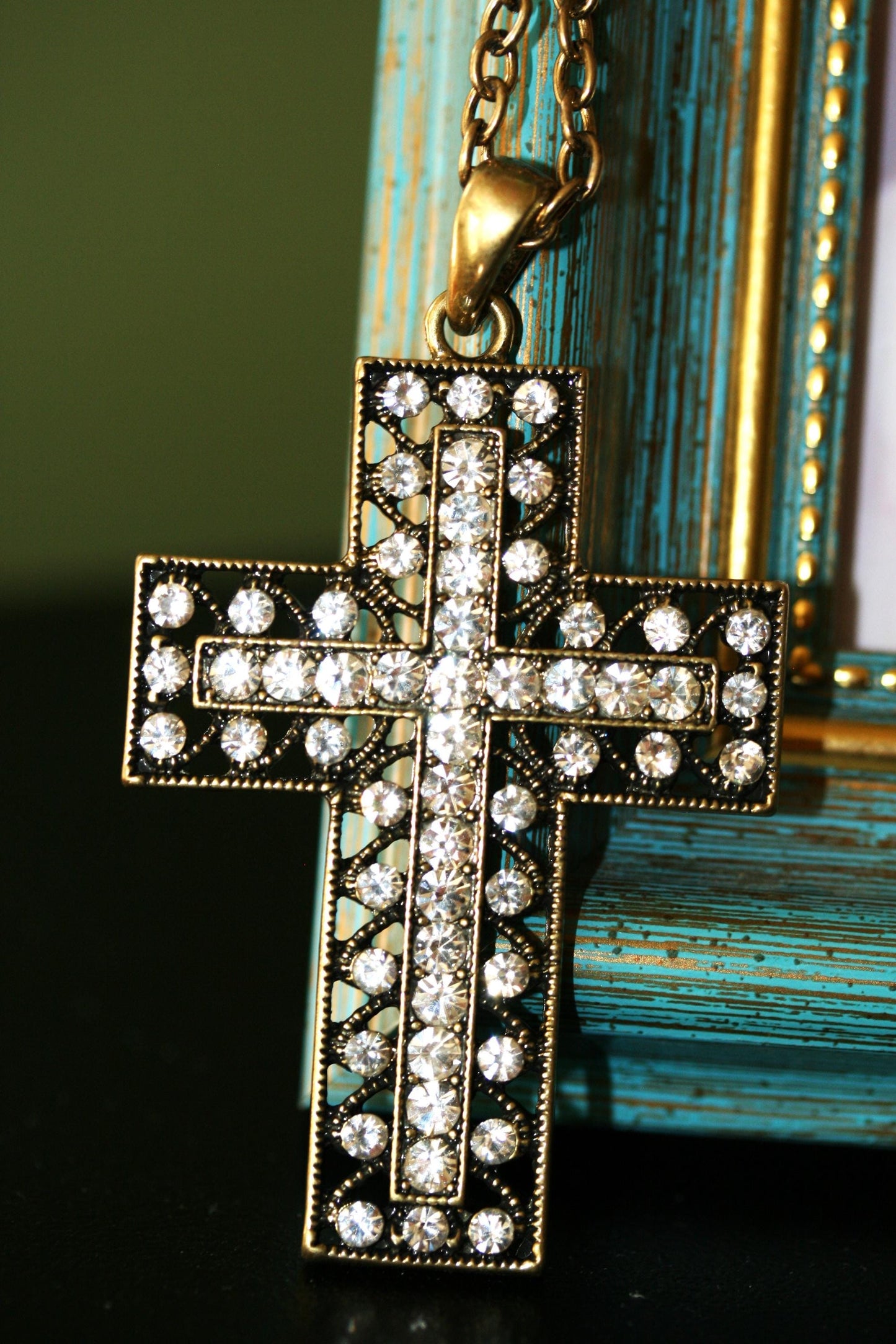 Vintage Men's Stainless Steel Cross Necklace Pendant with CZ Stones