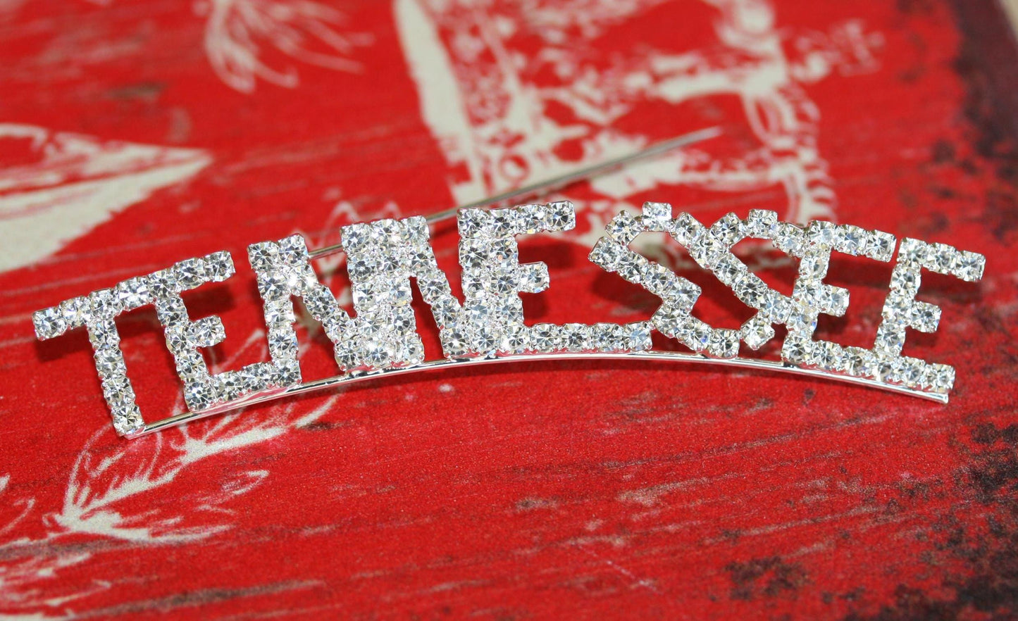 Word TENNESSEE Letter Pin Rhinestone Silver Plated State of TENNESSEE Brooch