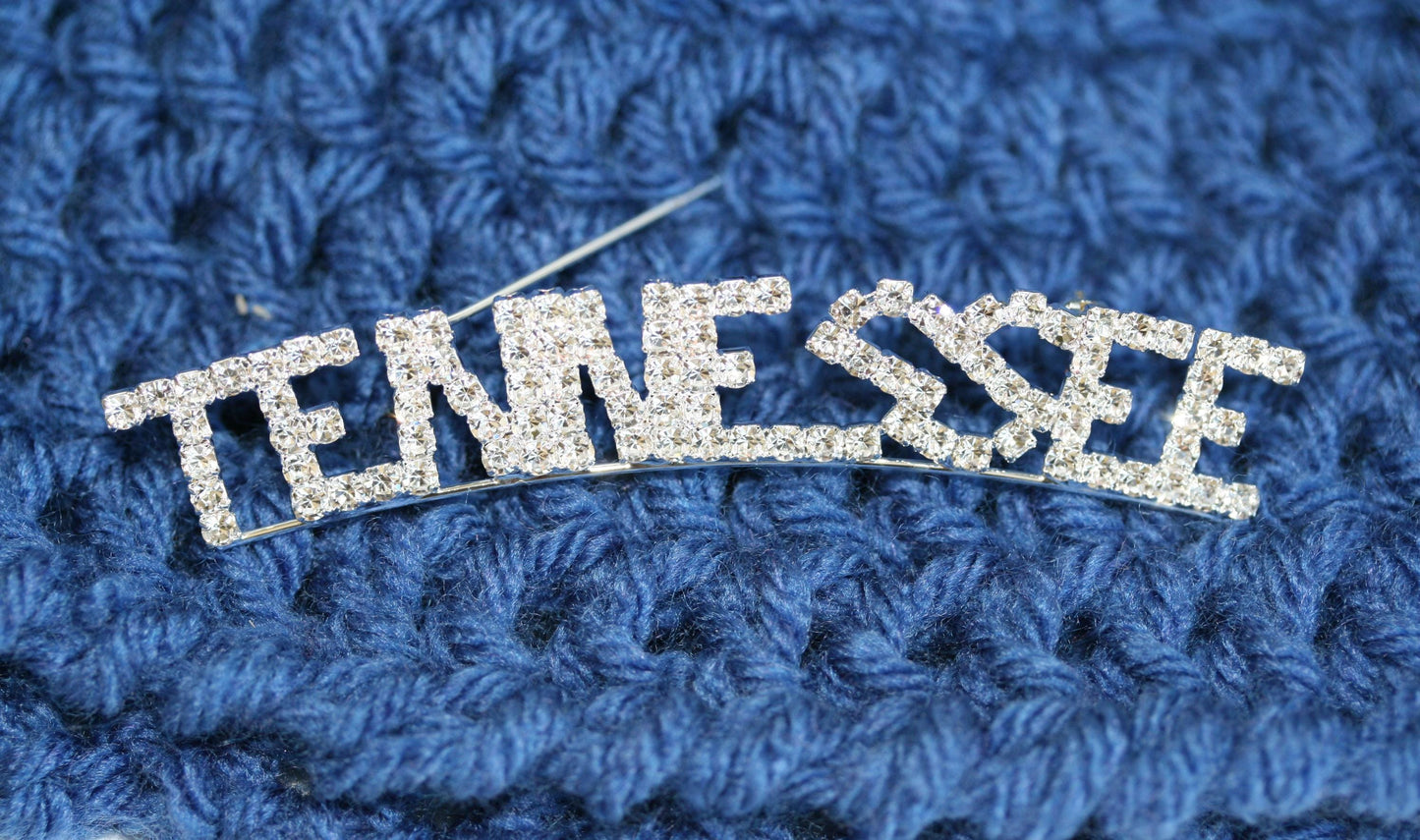 Word TENNESSEE Letter Pin Rhinestone Silver Plated State of TENNESSEE Brooch