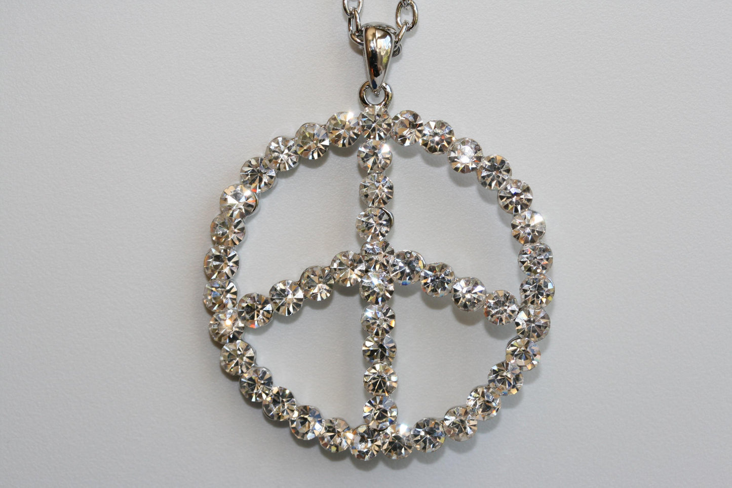 Silver and Pave Diamond Peace Sign Pendant Necklace for Women