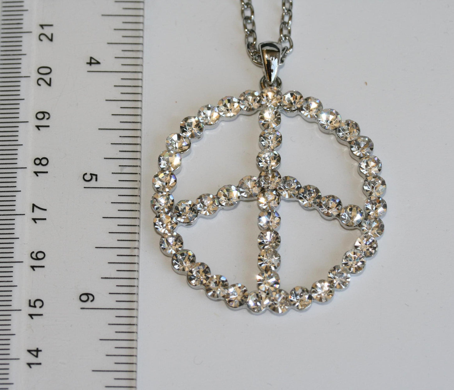 Silver and Pave Diamond Peace Sign Pendant Necklace for Women