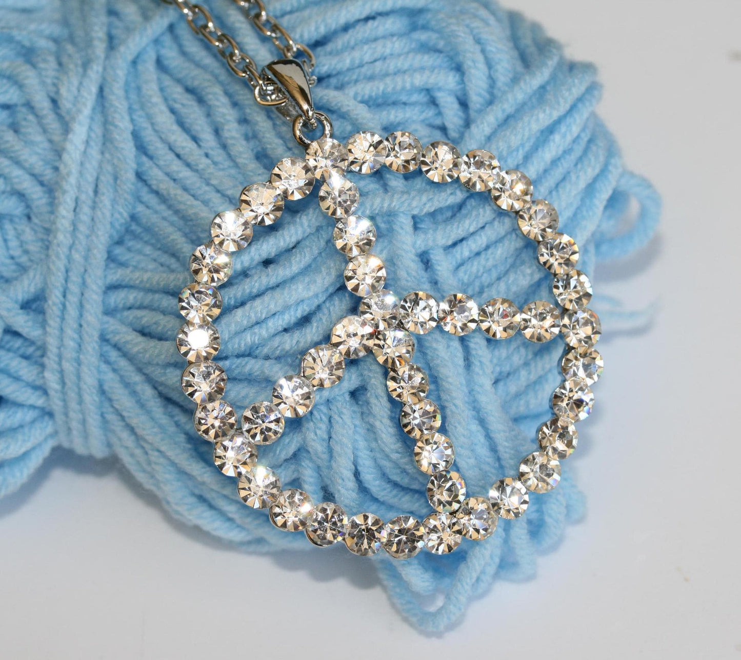 Silver and Pave Diamond Peace Sign Pendant Necklace for Women