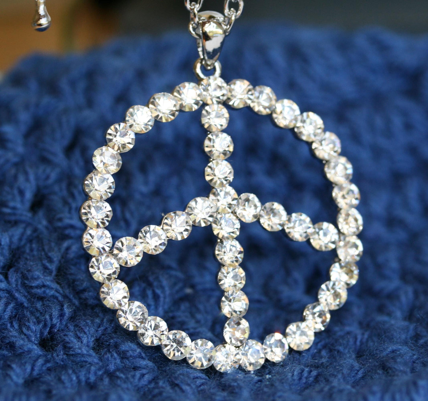 Silver and Pave Diamond Peace Sign Pendant Necklace for Women