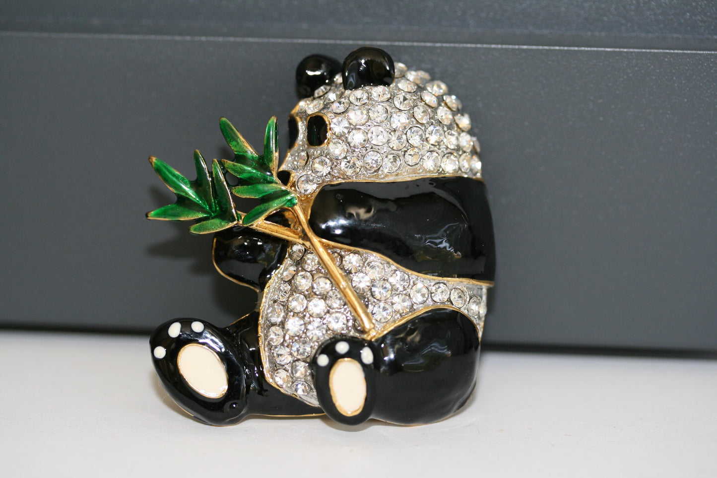 Vintage Panda Bear brooch with Clear crystals Rhinestone and black enamel. Panda Bear Pin