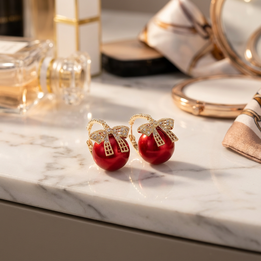 Sparkling Bow Gift-Box Drop Earrings – Festive Red & Elegant Black Options