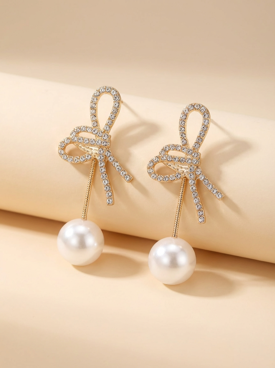 Sparkling Bow & Pearl Drop Earrings – Holiday Gift Delight