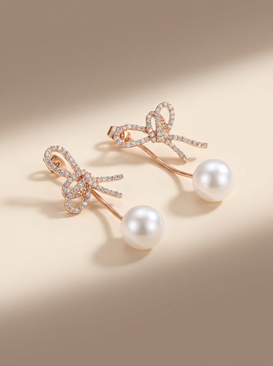 Sparkling Bow & Pearl Drop Earrings – Holiday Gift Delight