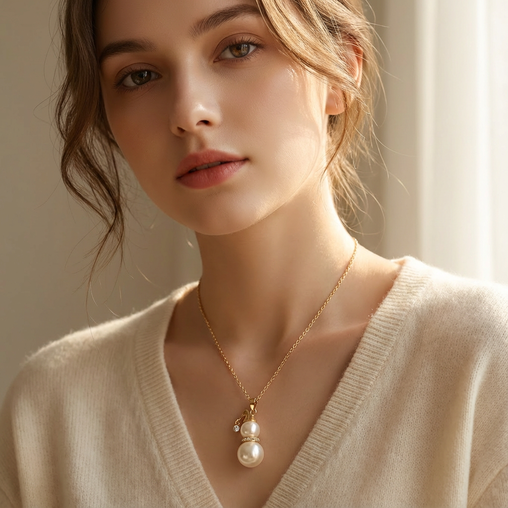 Festive Pearl Snowman Necklace – Snowman Pendant Gift (Gold or Silver)