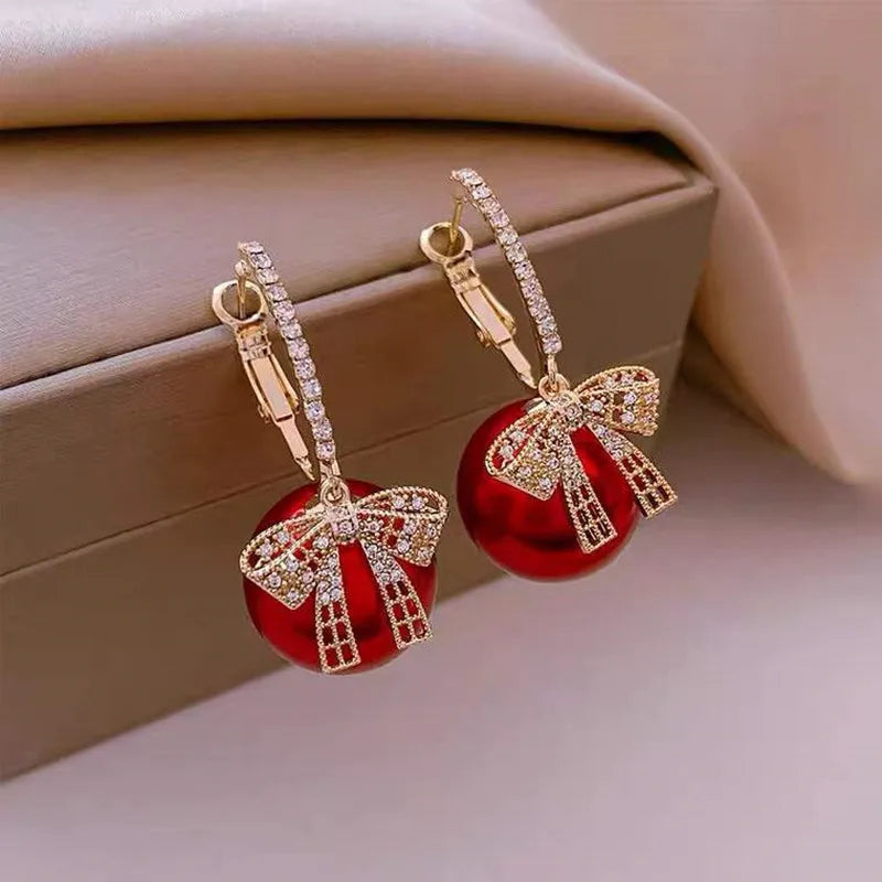 Sparkling Bow Gift-Box Drop Earrings – Festive Red & Elegant Black Options