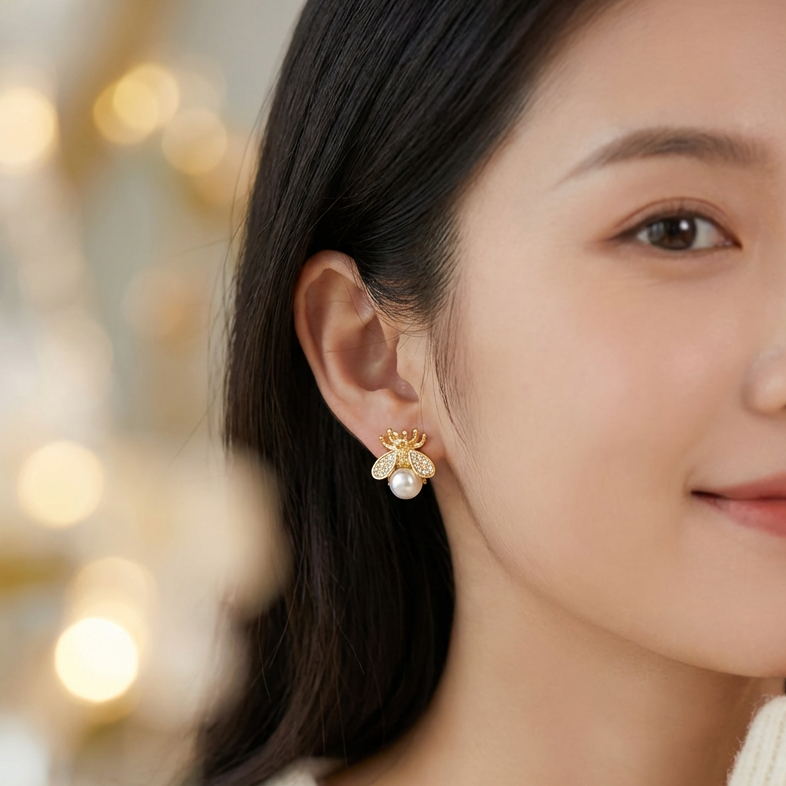 Crystal Bee & Pearl Stud Earrings – Perfect Gift for Her