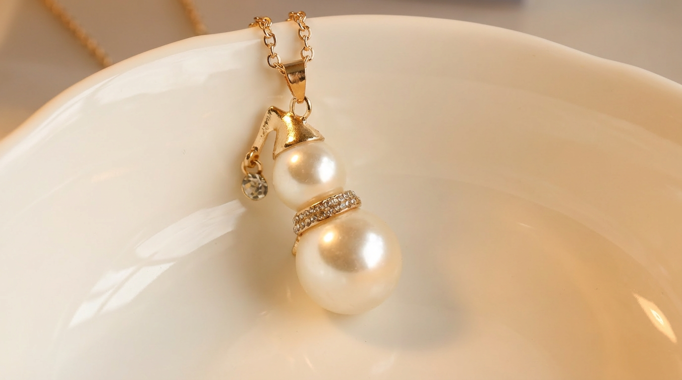 Festive Pearl Snowman Necklace – Snowman Pendant Gift (Gold or Silver)