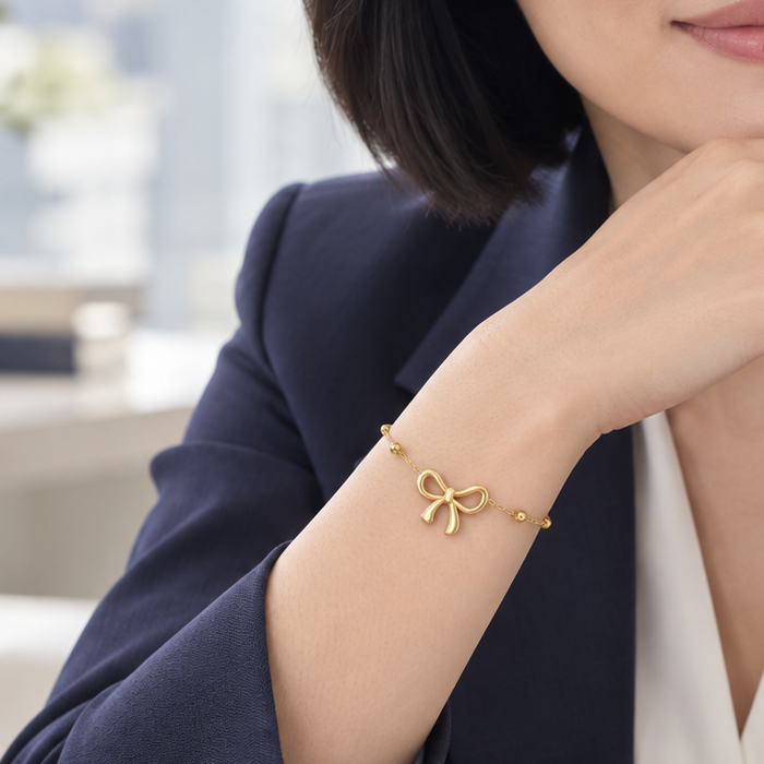 Gold-Tone Stainless Steel Bow Charm Bracelet for Women – Adjustable Chain Jewelry