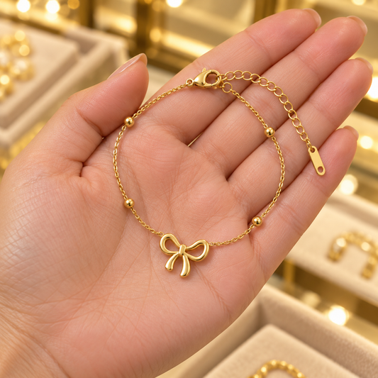 Gold-Tone Stainless Steel Bow Charm Bracelet for Women – Adjustable Chain Jewelry