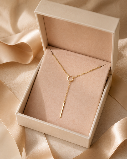 Minimalist Gold Y Necklace with Circle & Bar Pendant – Elegant Long Drop Lariat Jewelry