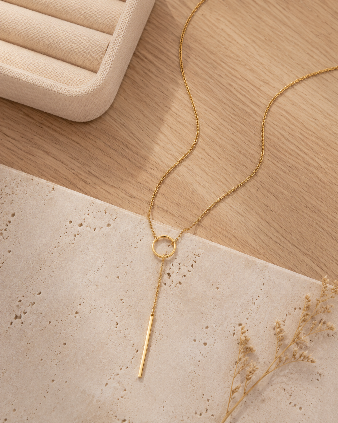 Minimalist Gold Y Necklace with Circle & Bar Pendant – Elegant Long Drop Lariat Jewelry