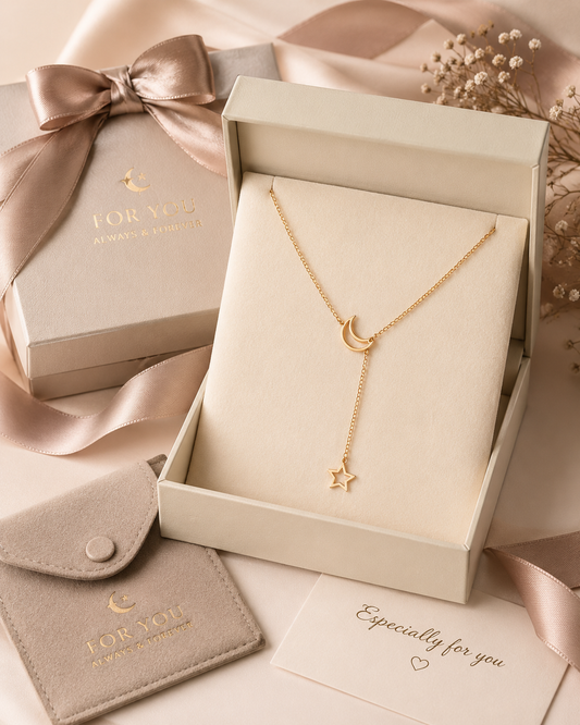 Moon and Star Y Necklace for Women, Dainty Crescent Moon Lariat Necklace, Gold or Silver Tone Celestial Jewelry Gift