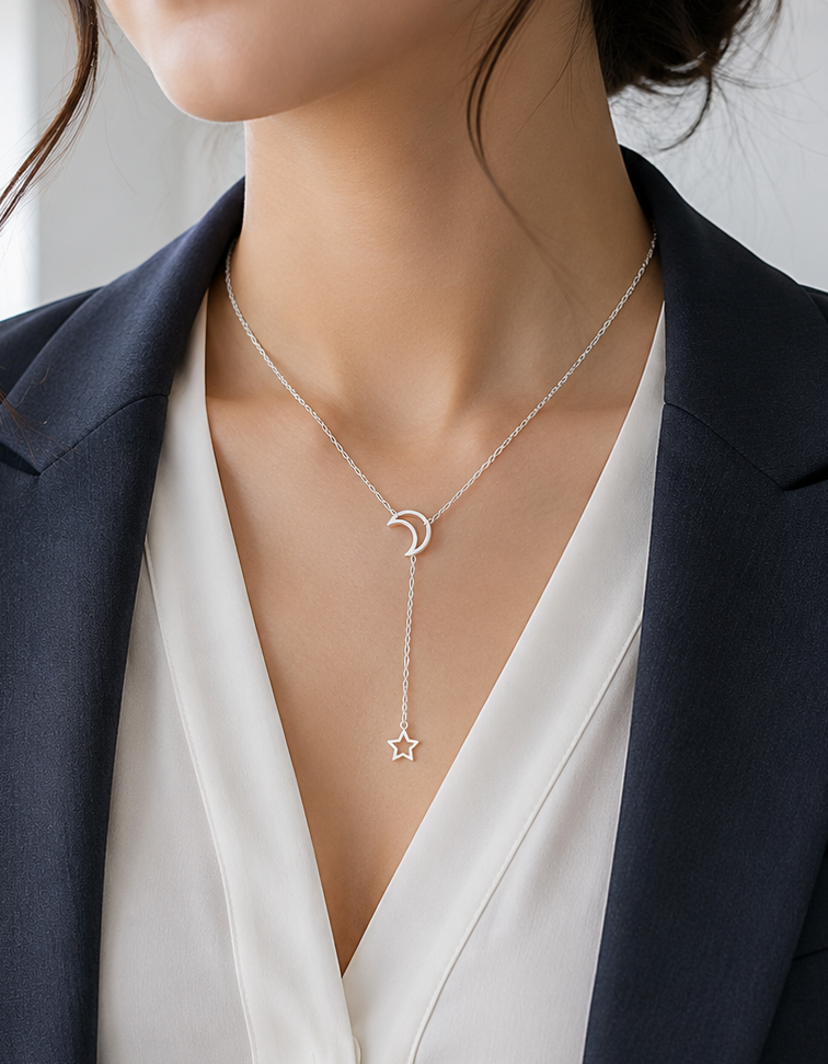 Moon and Star Y Necklace for Women, Dainty Crescent Moon Lariat Necklace, Gold or Silver Tone Celestial Jewelry Gift