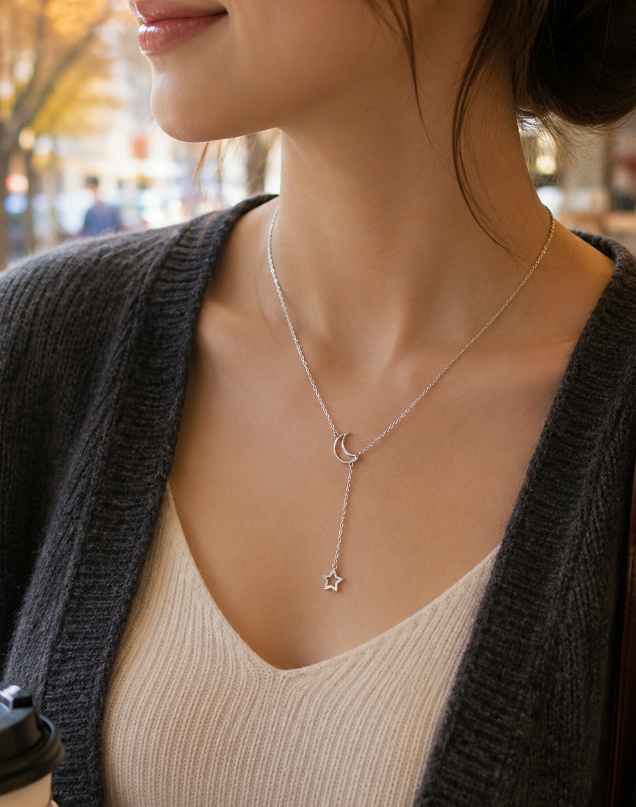 Moon and Star Y Necklace for Women, Dainty Crescent Moon Lariat Necklace, Gold or Silver Tone Celestial Jewelry Gift