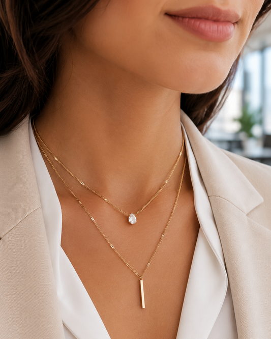 Layered Gold Necklace for Women, Dainty Multi-Strand Necklace with Crystal Charm and Bar Pendant, Trendy Everyday Jewelry Gift