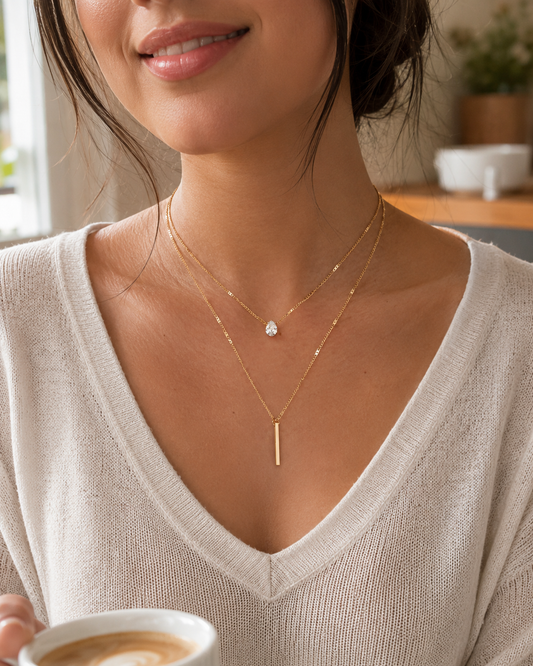 Layered Gold Necklace for Women, Dainty Multi-Strand Necklace with Crystal Charm and Bar Pendant, Trendy Everyday Jewelry Gift